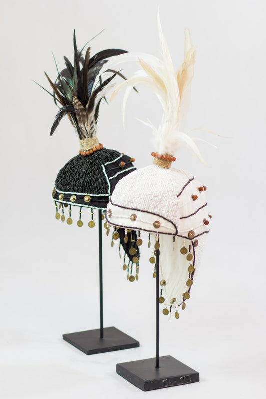 Boho white fabric sculpture Warrior Head On Stand, crafted by hand in Bali