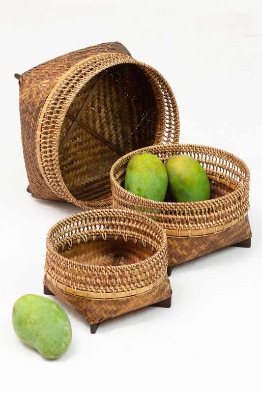 Boho bamboo and ketak tray Andong Round, set of 3, handmade in Bali