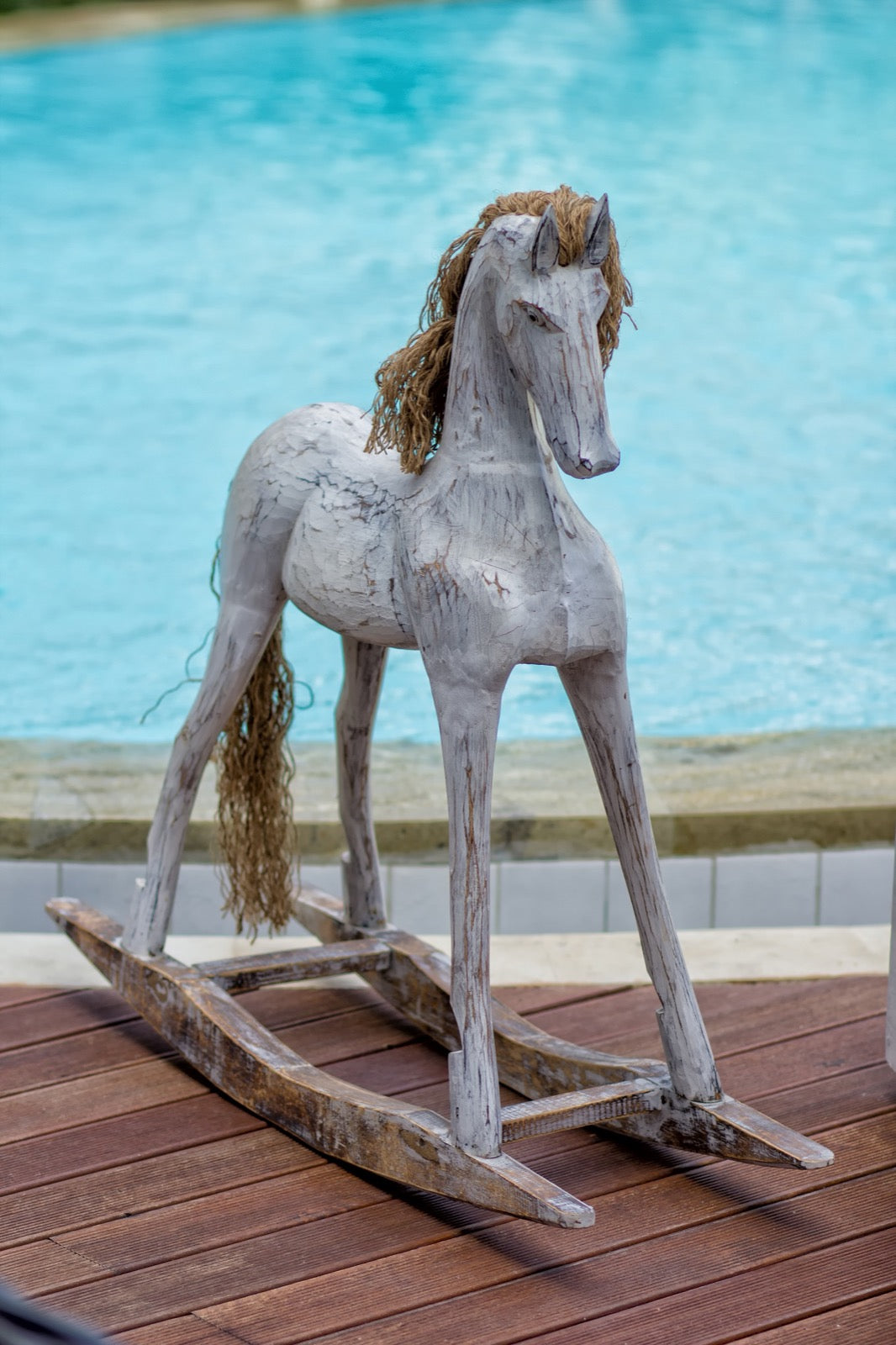 Albasia wood sculpture Rocking Ponny Horse – boho decor, handwoven and handmade in Bali