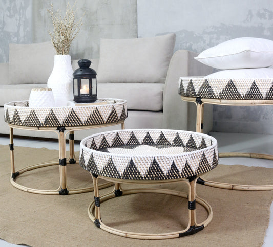 Boho synthetic rattan tray Nana Round, set of 3, handcrafted in Bali