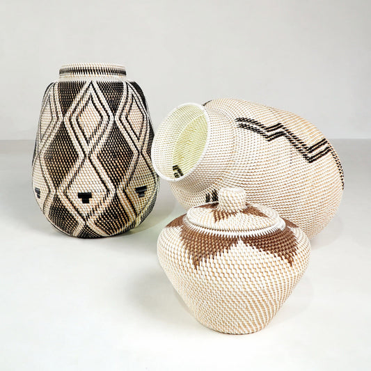 Boho hand-woven synthetic rattan vase African, handcrafted in Bali
