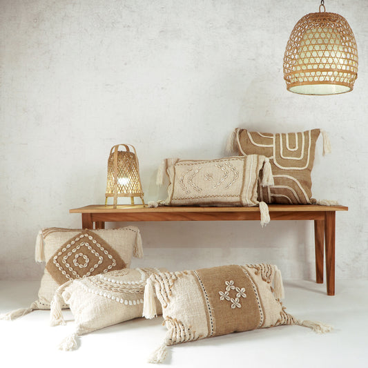 Boho natural fabric cushion Danilla with filler, set of 3, handcrafted in Bali