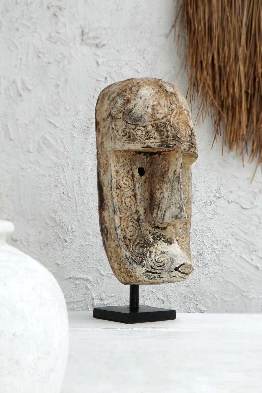 Mask Stand sculpture in natural materials – handmade boho decor from Bali