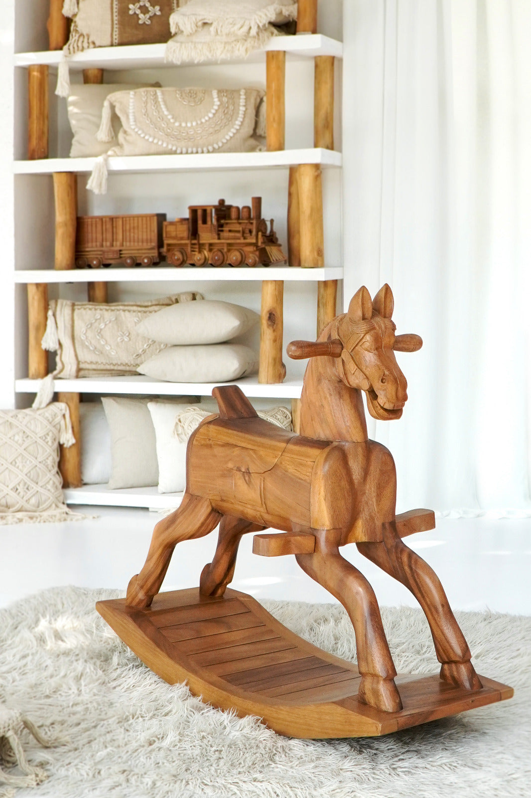 Handmade suar wood sculpture – the Lacey Rocking Horse, boho decor made in Bali