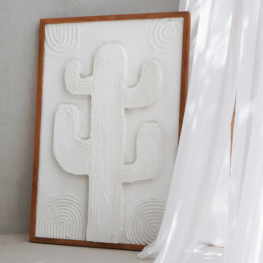 Boho solid teak and canvas wall decor piece Cactus, handmade in Bali