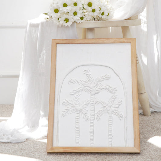 Boho solid teak and canvas wall decor piece Kalapa Three, handmade in Bali