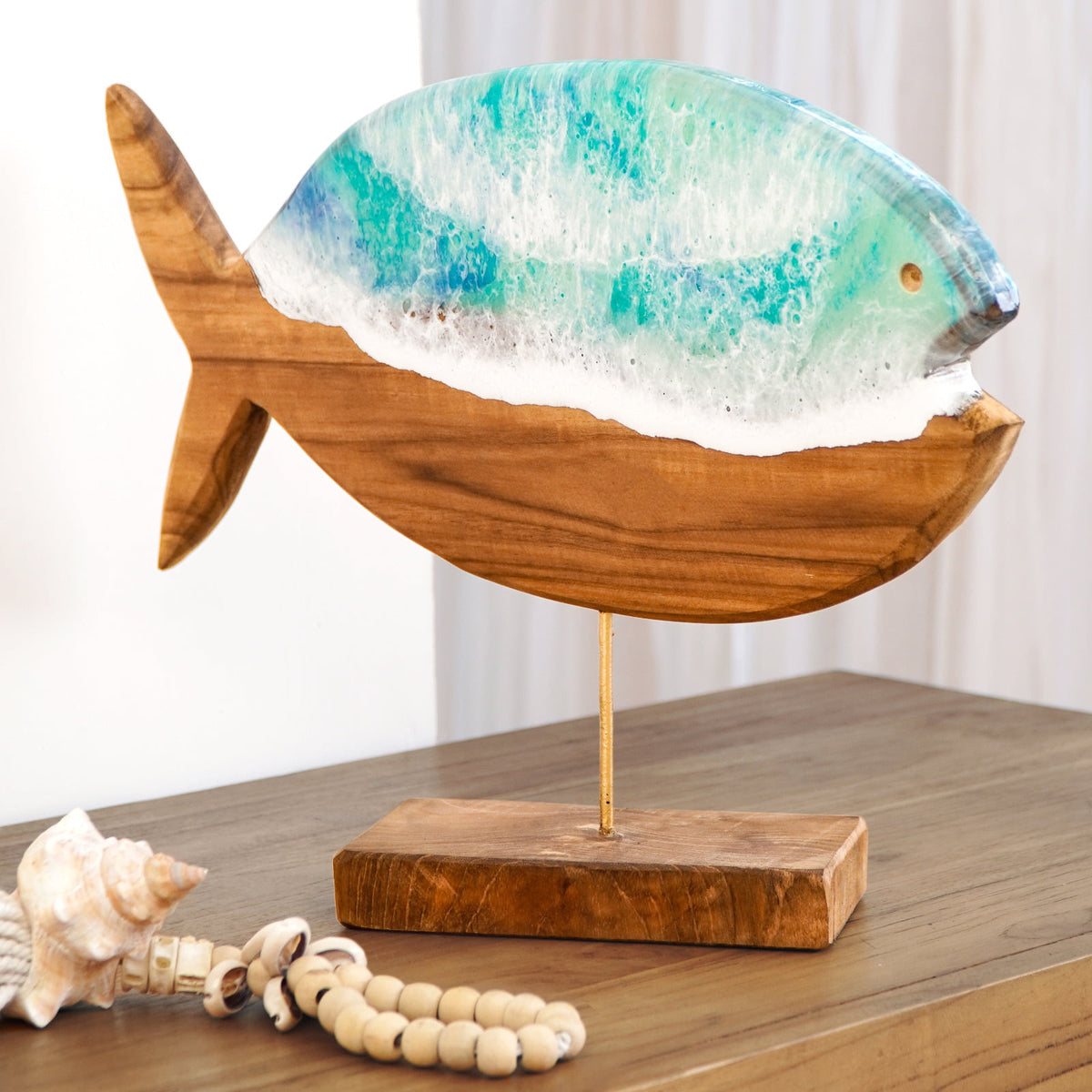 Teak sculpture Fish Stand – boho decor, handwoven and handmade in Bali