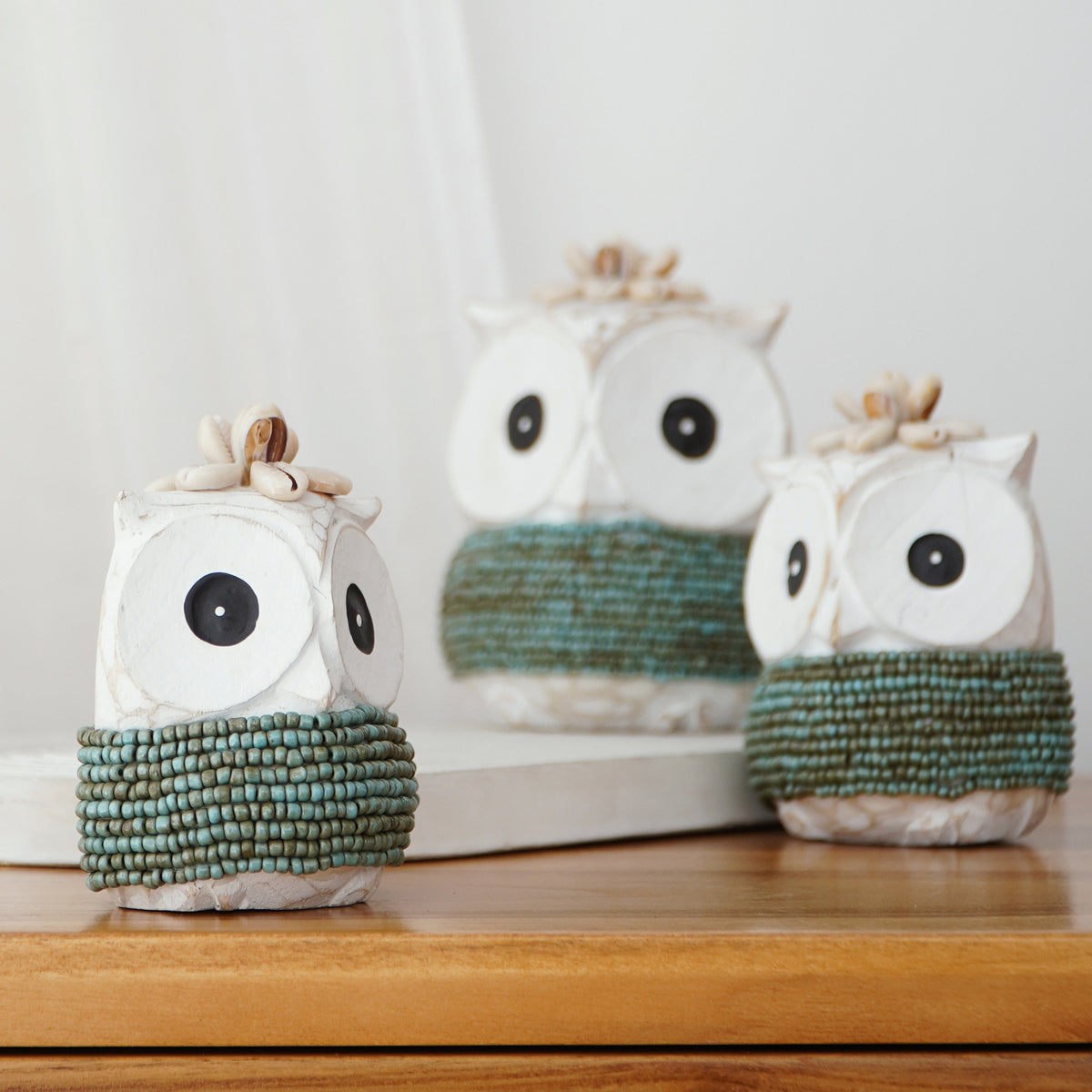 Beaded sculpture Echo Owl Babies – boho decor, handwoven and handmade in Bali