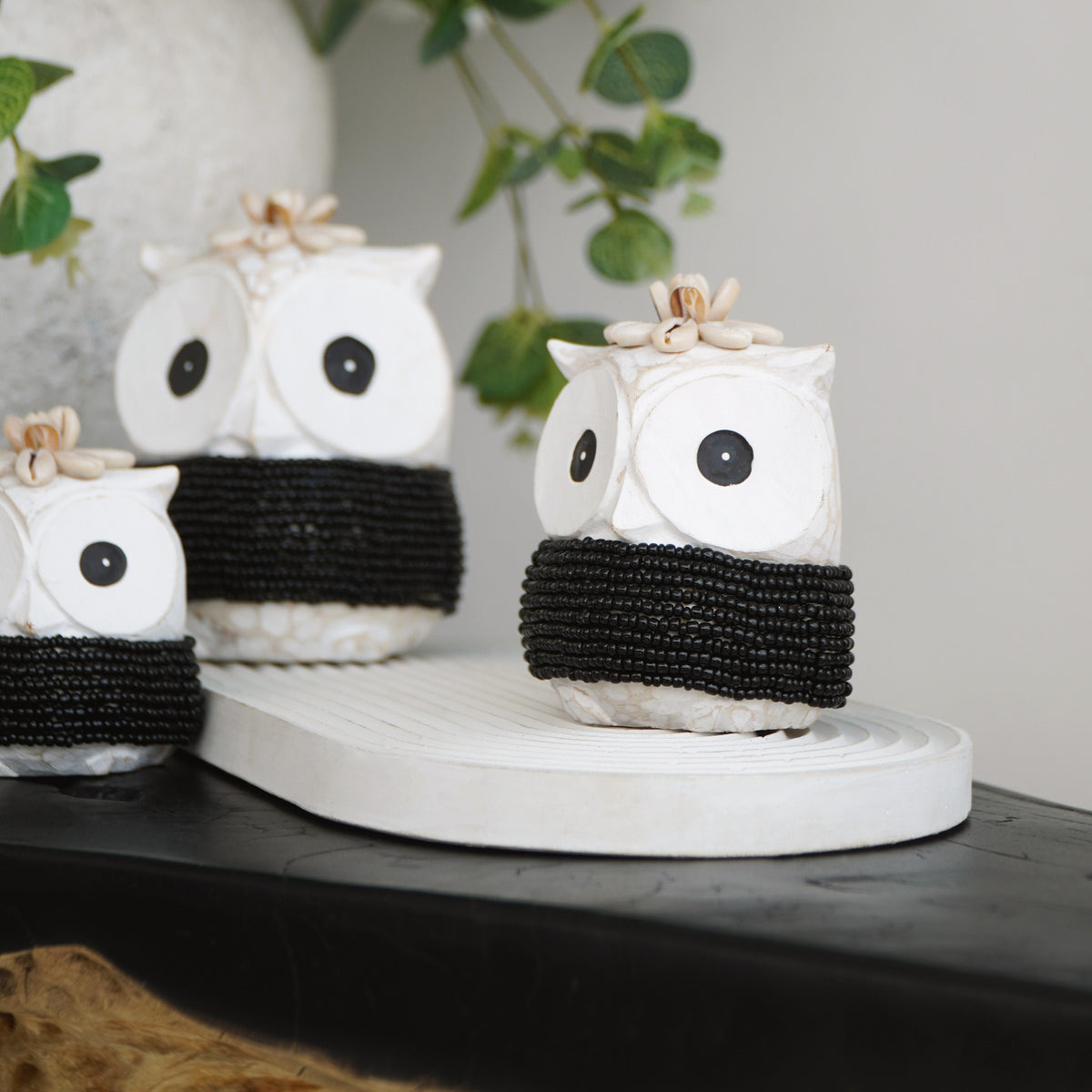 Echo Owl Babies sculpture in natural materials – boho decor by BaliSouk