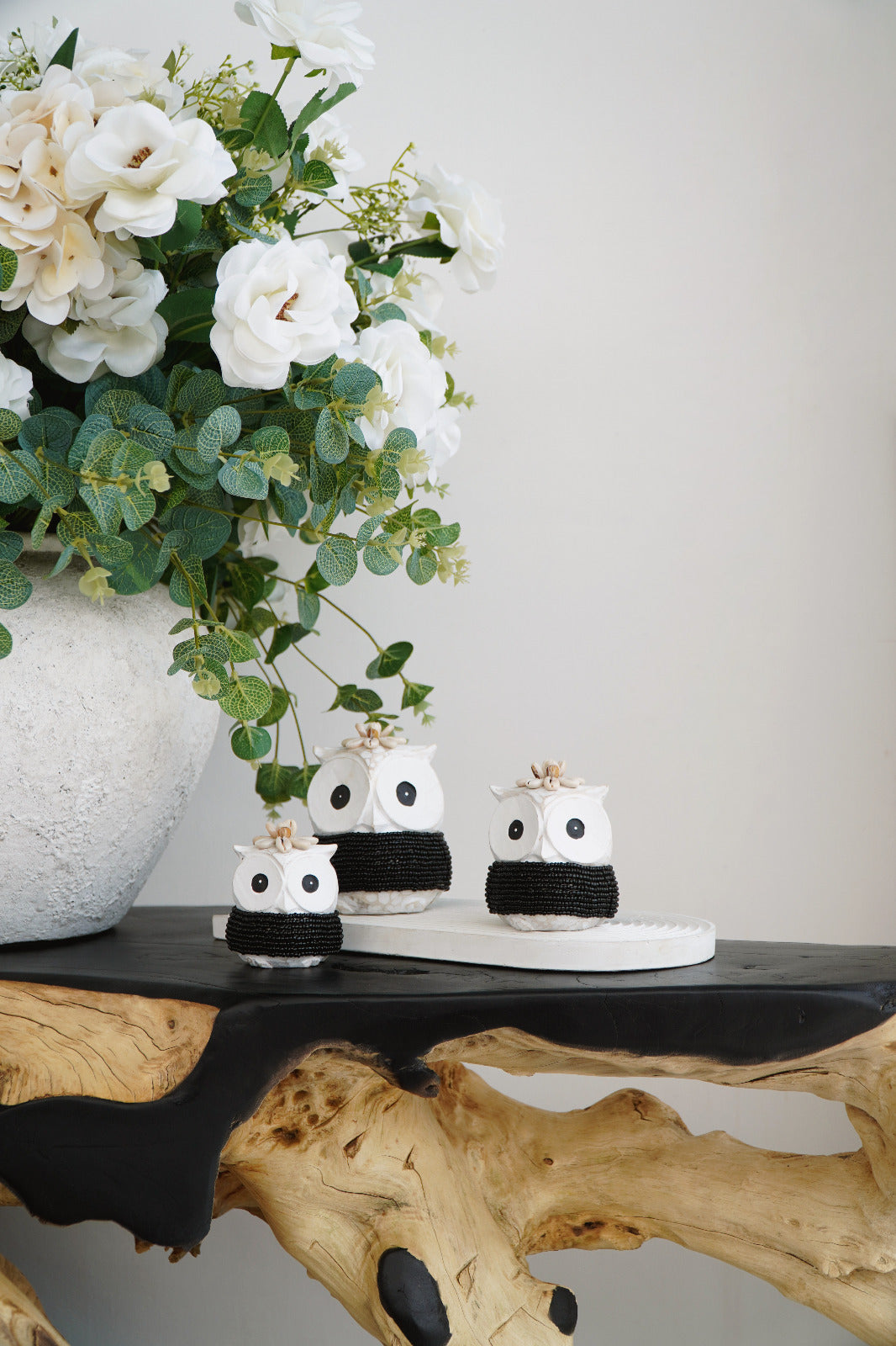 Echo Owl Babies – natural materials sculpture, boho decor from Bali