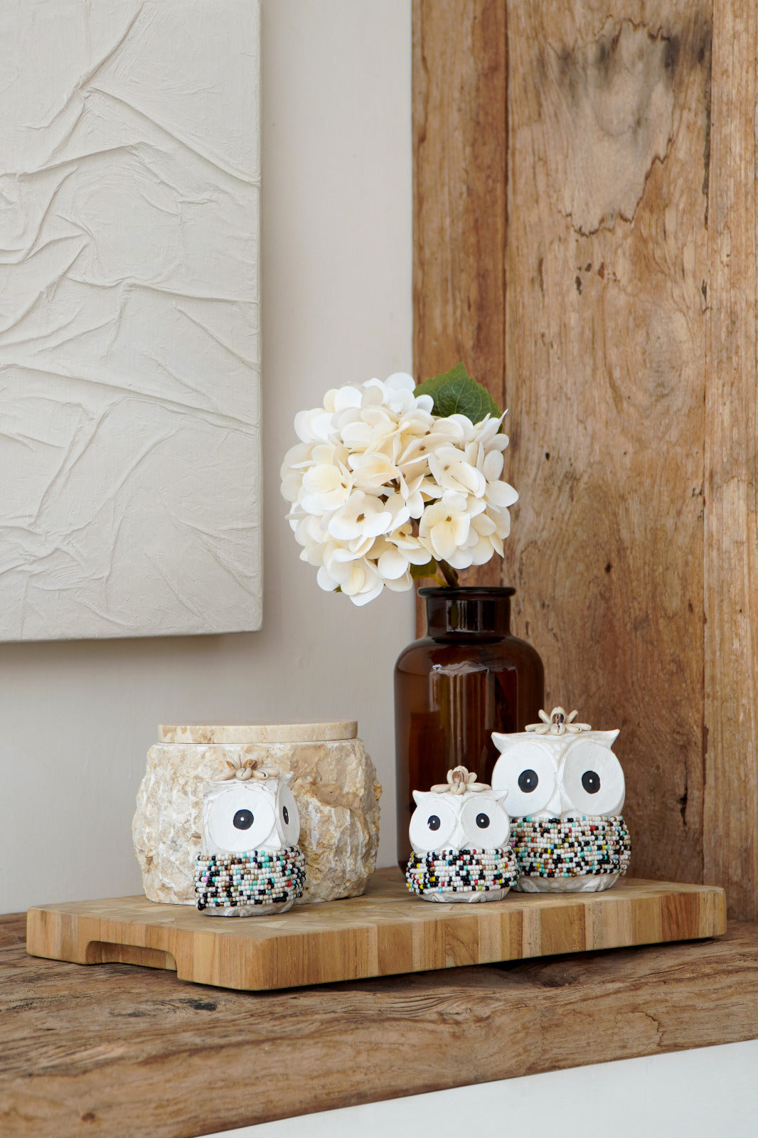 Beaded sculpture – Echo Owl Babies, natural natural materials in boho style