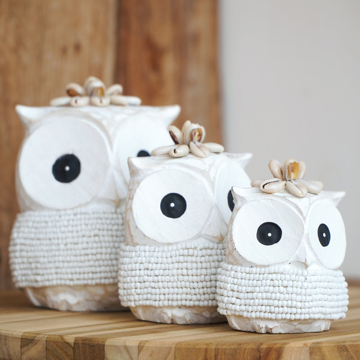 Handcrafted beaded sculpture – Echo Owl Babies, boho decor from BaliSouk