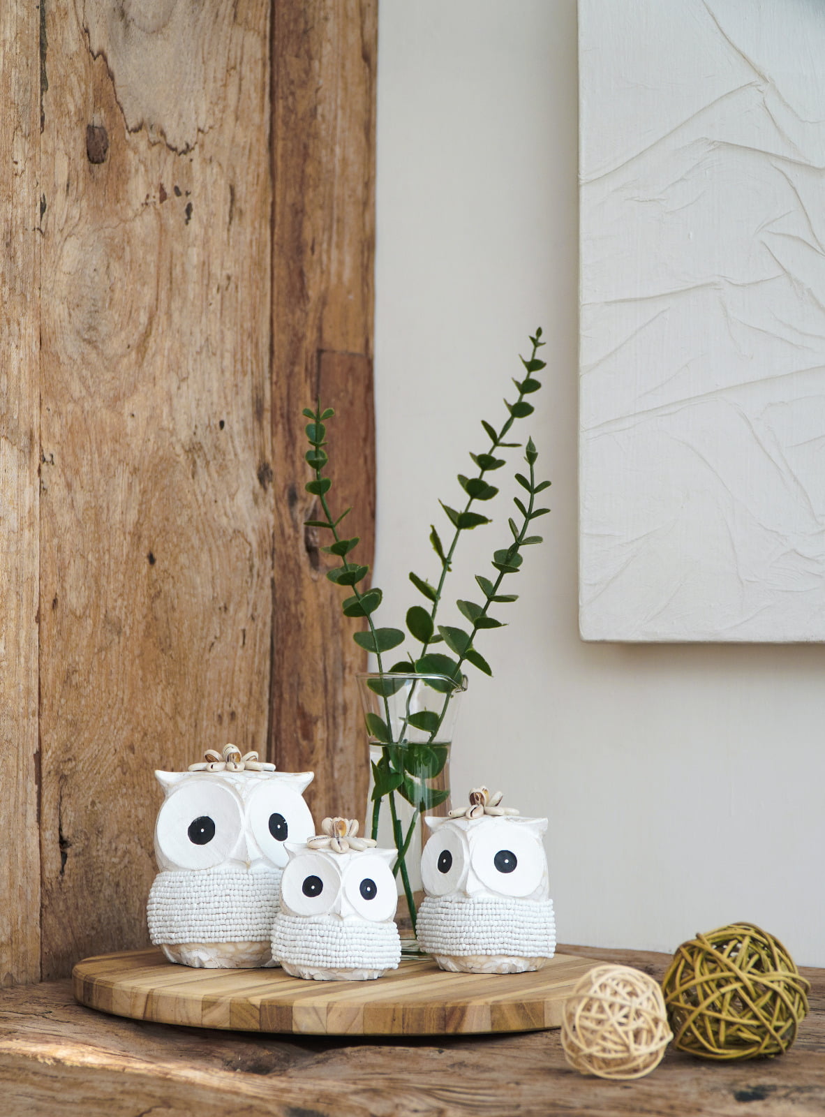 Beaded sculpture Echo Owl Babies – boho decor, handwoven and handmade in Bali
