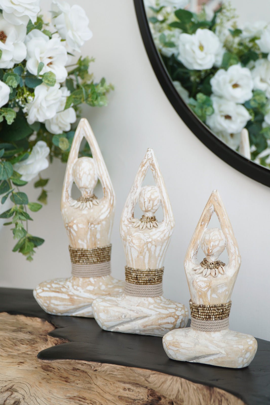 Albasia wood sculpture Yoga – boho decor, handwoven and handmade in Bali