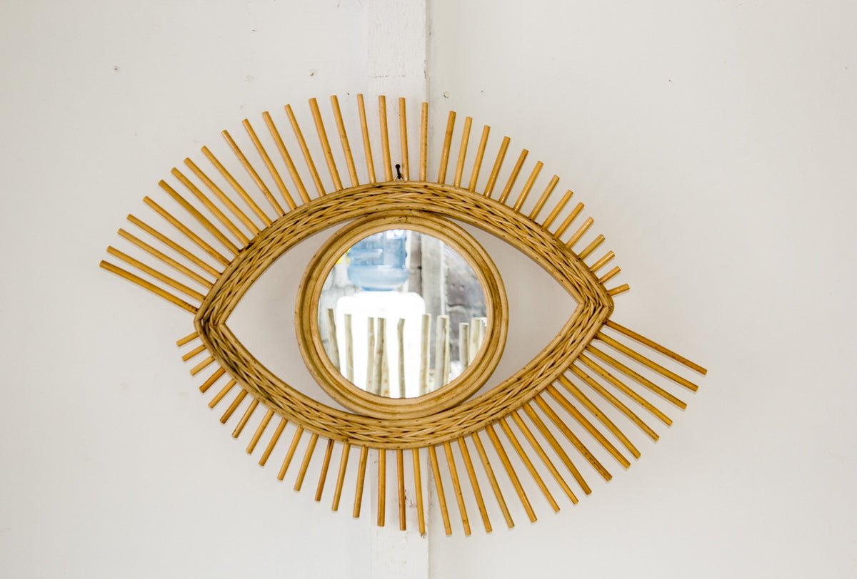 Rattan mirror – Eye – boho decor handmade in Bali by BaliSouk