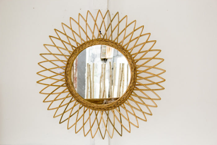 Boho natural rattan and glass mirror Sun Leaf, set of 2, handmade in Bali