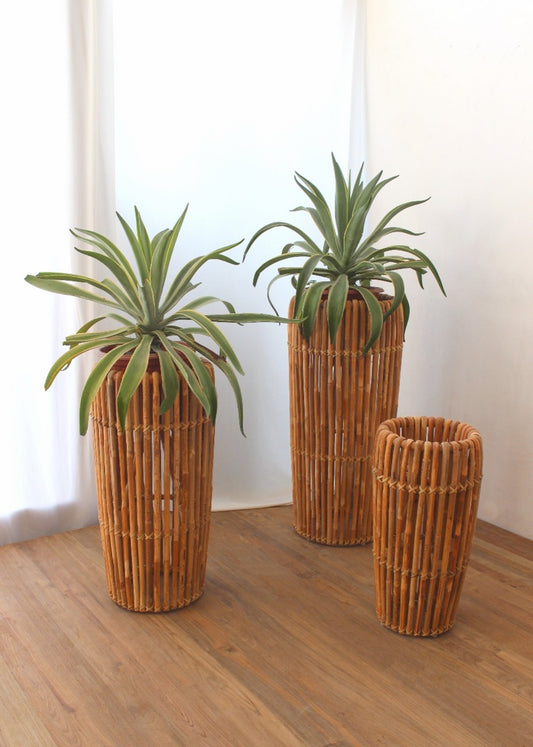 Boho rattan planter Tobong with zinc, set of 3, handmade in Bali