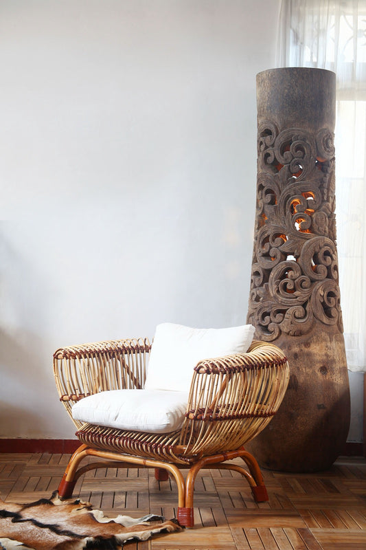 Boho rattan armchair Sevilia with cushion and leather binding, set of 2, handmade in Bali