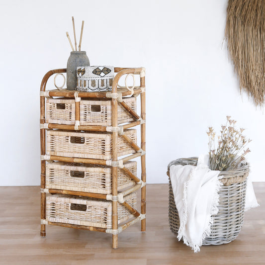 Boho rattan and leather rack Zorro with 2 drawers and 3+, handcrafted in Bali