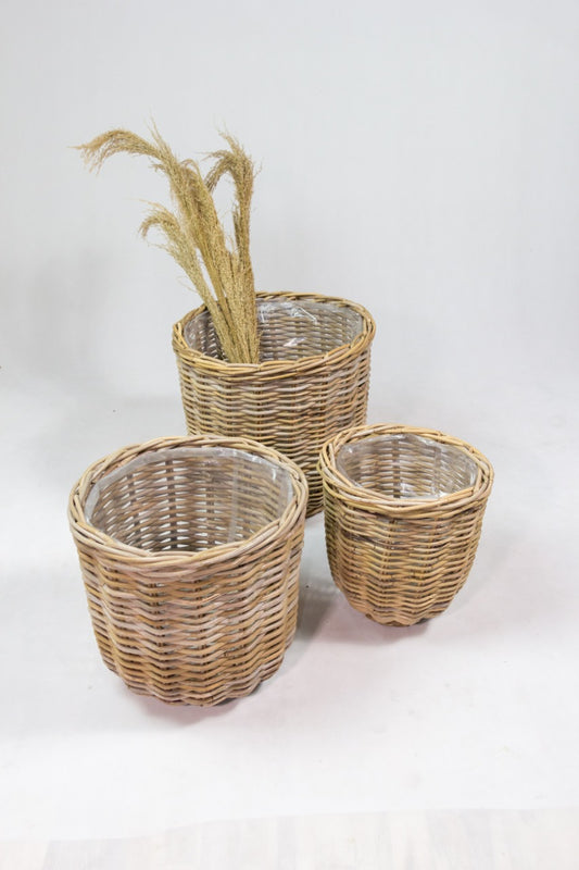Boho rattan planter Verona Round High with plastic liner, set of 3, handmade in Bali