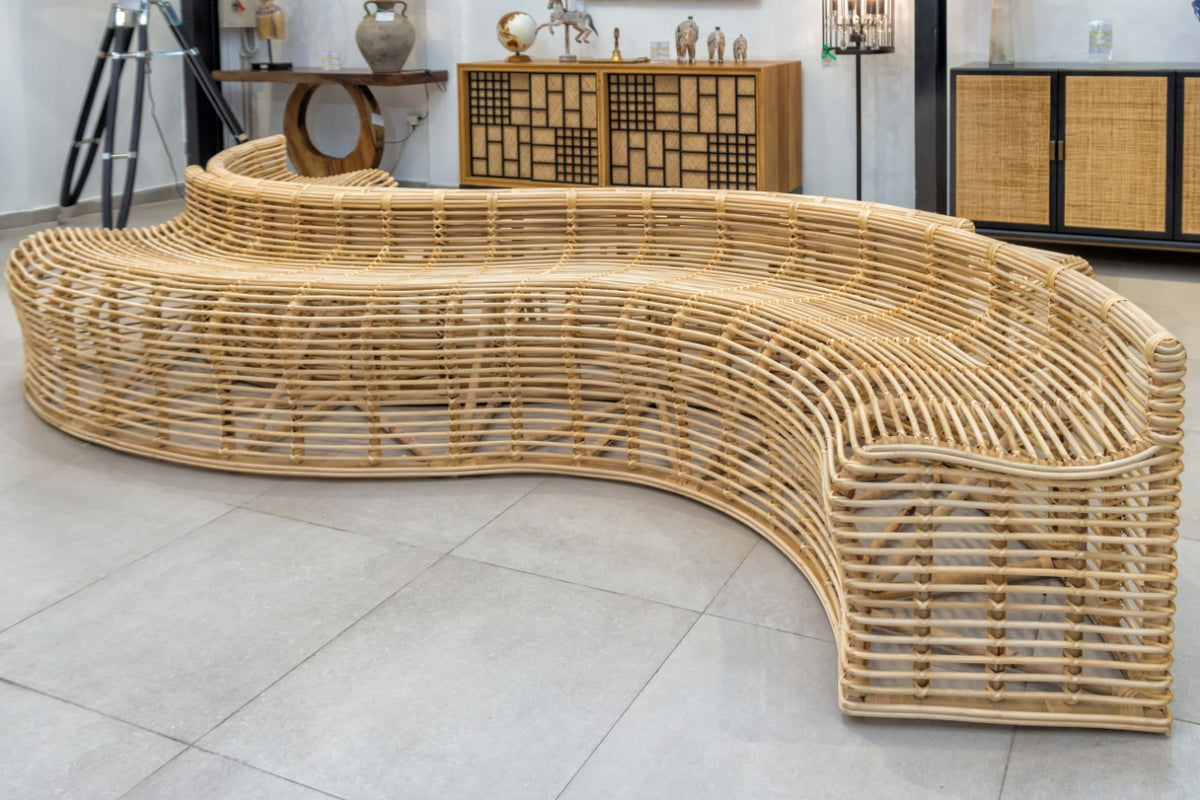 Rattan bench Vezouvio – boho furniture, handwoven and handmade in Bali