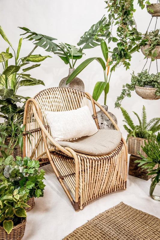 Boho rattan lounger Alline Chair with cushion, handcrafted in Bali