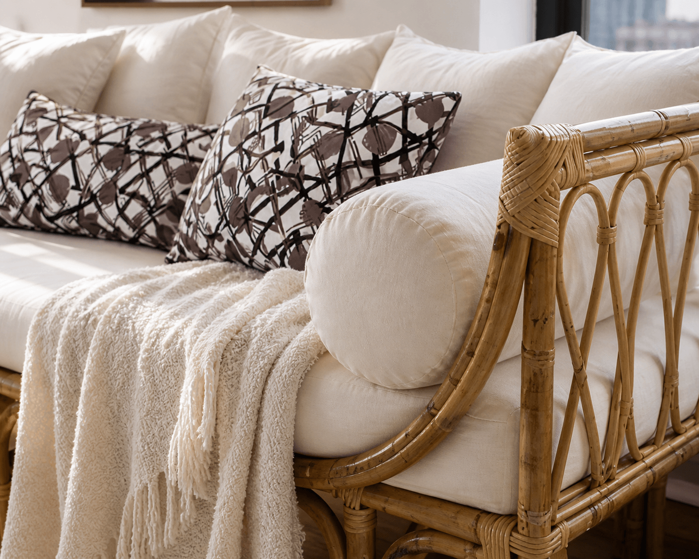 Aliki Sofa With Backrest Including White Seat Cushion, 2 White Bolster On The Side, 4 White Back Pillow