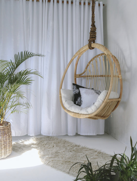 Boho rattan and fabric hanging chair Jorg with rope and seat cushion, set of 2, handcrafted in Bali