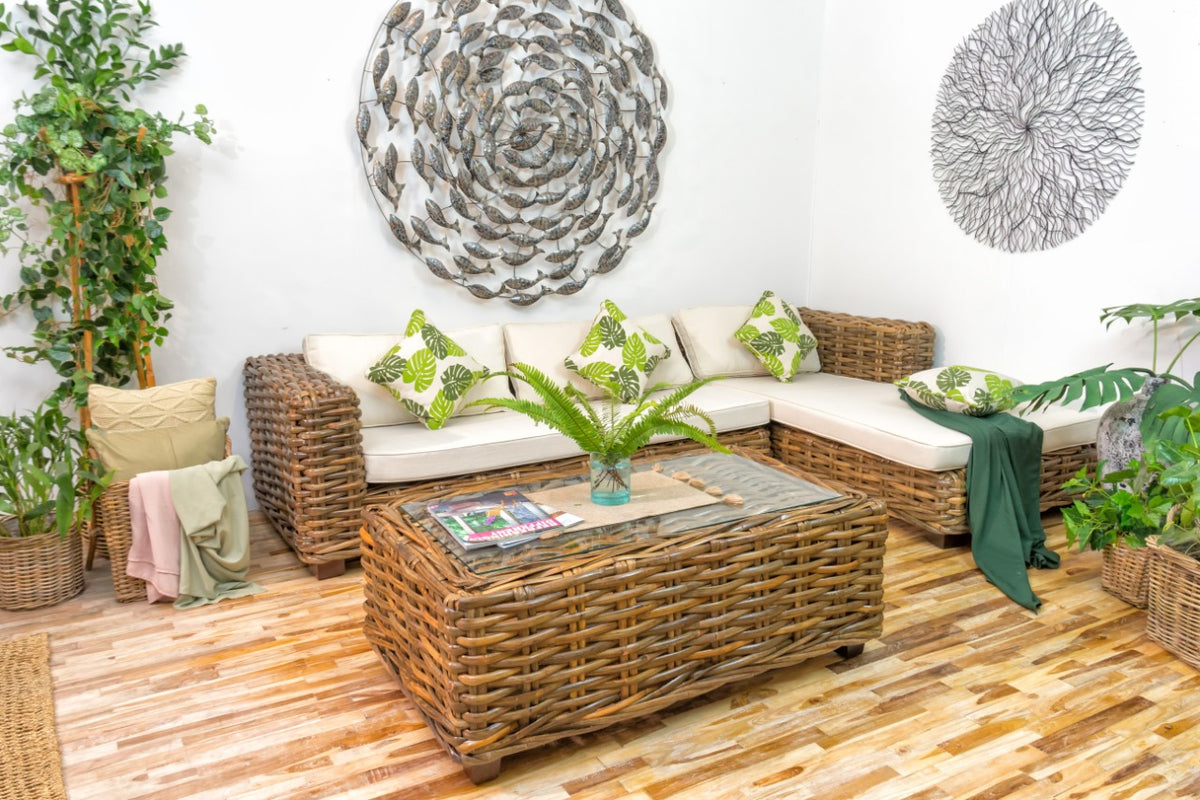 Saint Tropez Sofa L Shape With White Cushion Set And With Glass Top