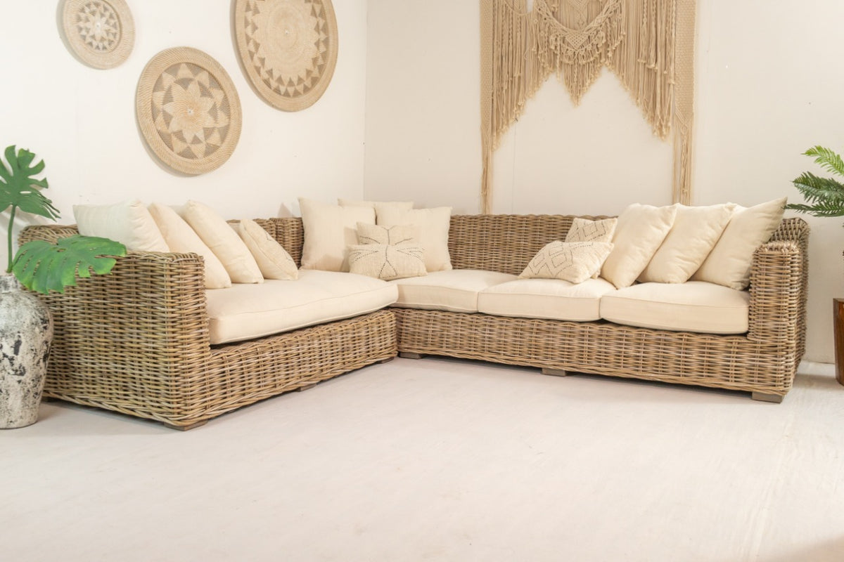 Mahogany living set – Vanya L Shape – boho furniture handmade in Bali by BaliSouk