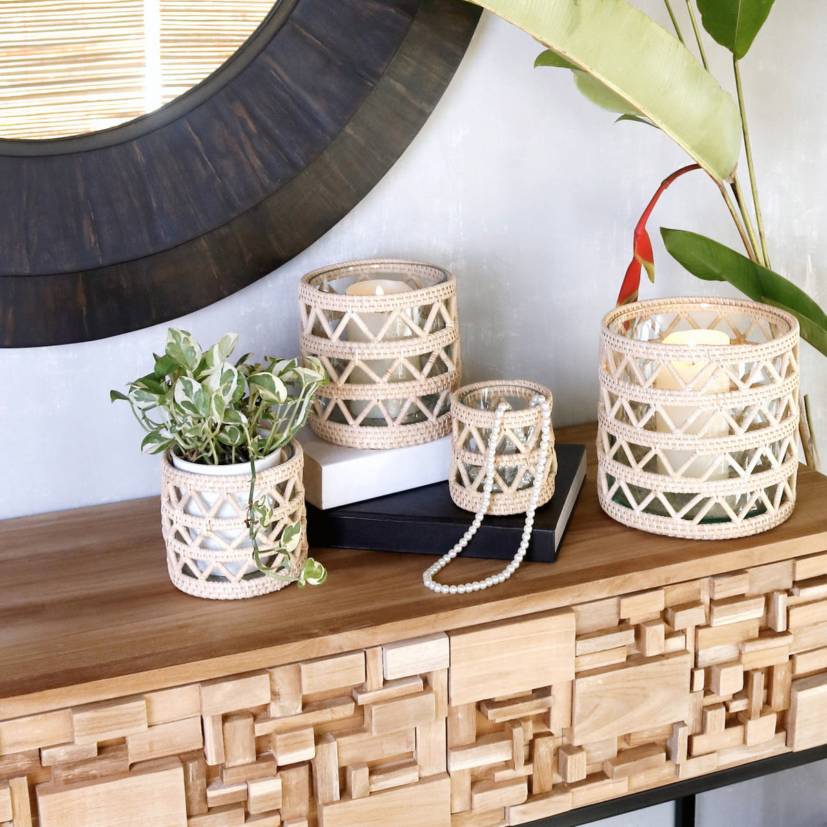 Hand Woven glass holder in natural materials – handmade boho decor from Bali