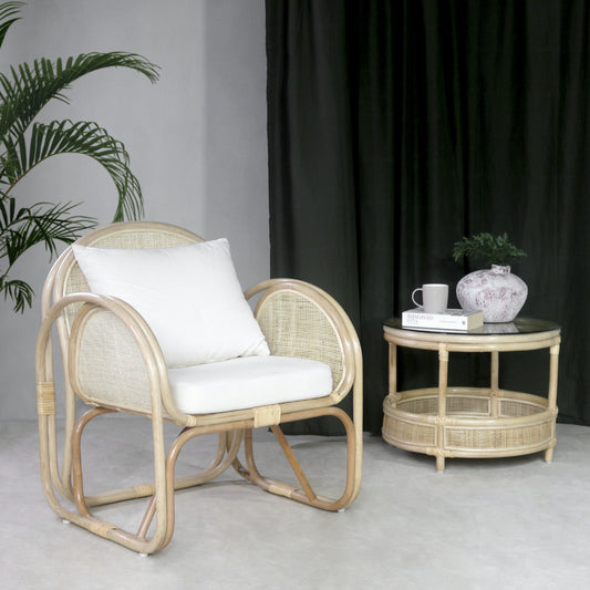Boho rattan armchair Hampton with cushiin and pillow, set of 2, handcrafted in Bali