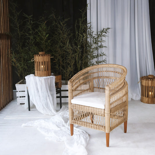 Boho solid teak and rattan armchair Malawi with white cushion and teak leg, set of 2, handcrafted in Bali