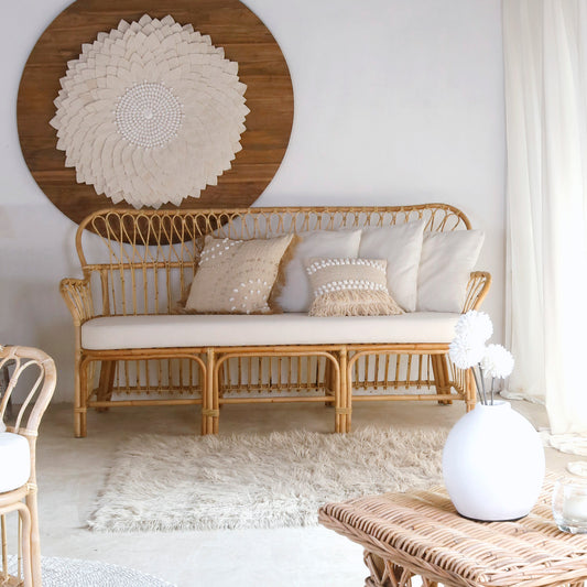 Boho rattan sofa Kalimantan with white cushion seat 3 pillows, handcrafted in Bali