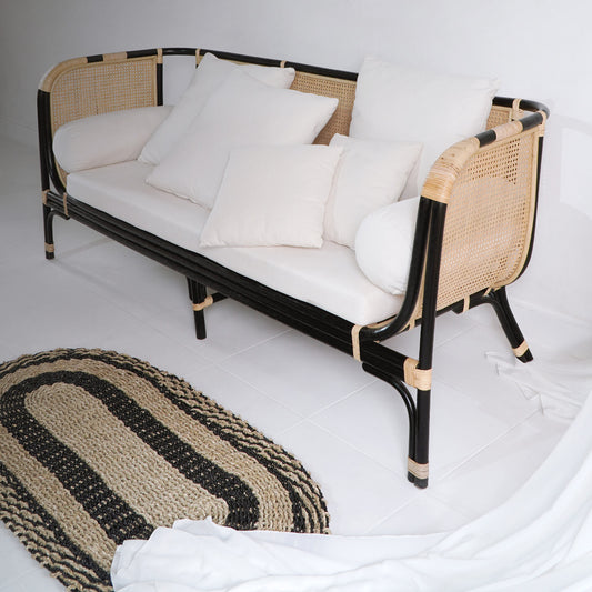 Boho rattan 3-seater sofa Houten Sofa with white cushion only no pillows, handcrafted in Bali