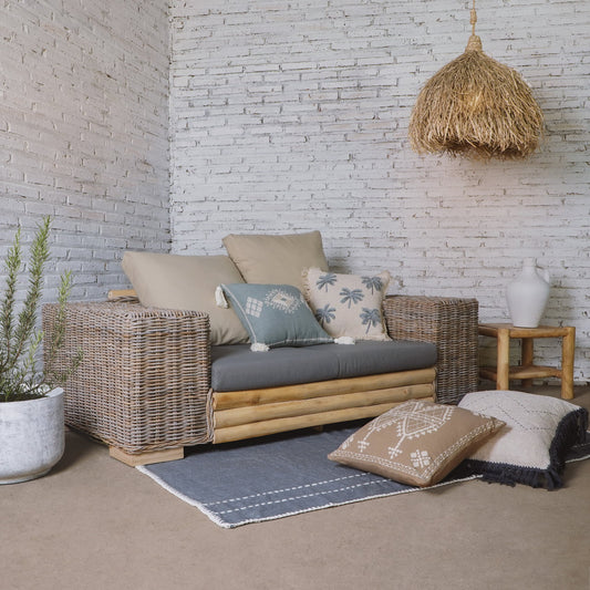 Boho solid teak and rattan 2-seater sofa Loly Sofa with 2 cushions and 2 pillows, crafted by hand in Bali
