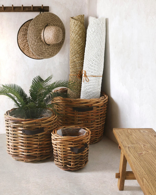 Saint Tropez Round Basket Set Of Three With Leather Handle