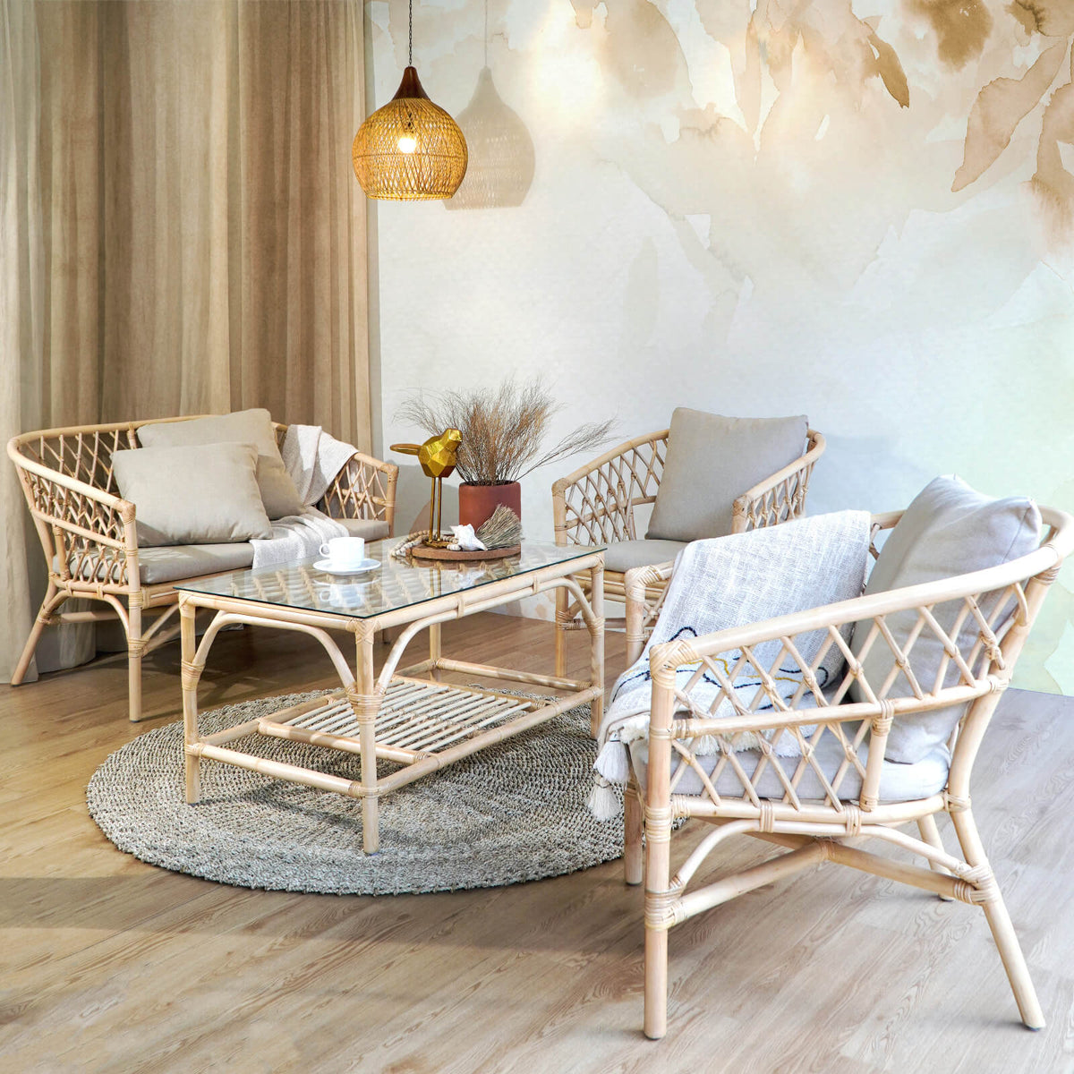 New California Living Set Of Four 4 With Cream Cushion Set And Glass Top – Set of 2