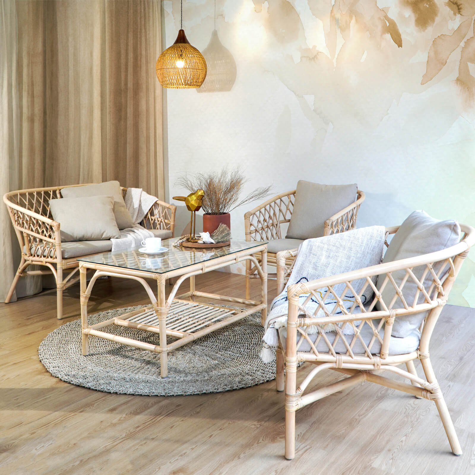 Bali Furniture – New California Living Set Of Four 4 With Cream Cushion Set And Glass Top