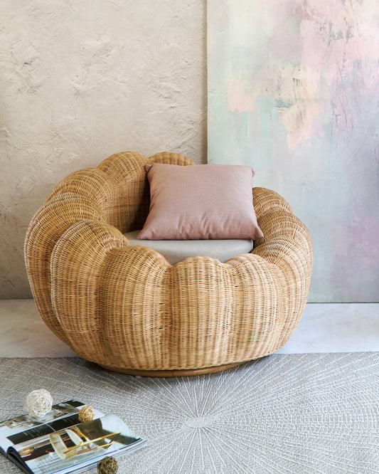 Boho rattan and leather chair Magnolia Swivel with cushion and pillow kimmy, crafted by hand in Bali