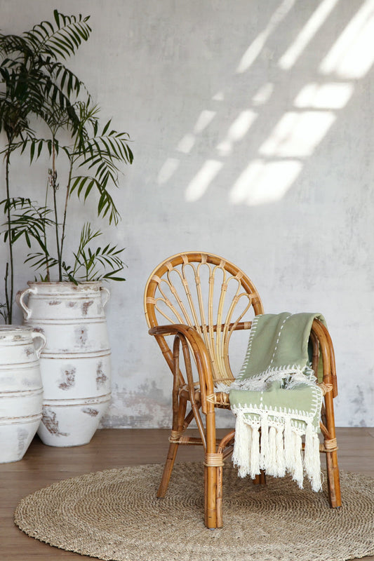 Boho rattan and leather armchair Begonia without cushion, handcrafted in Bali