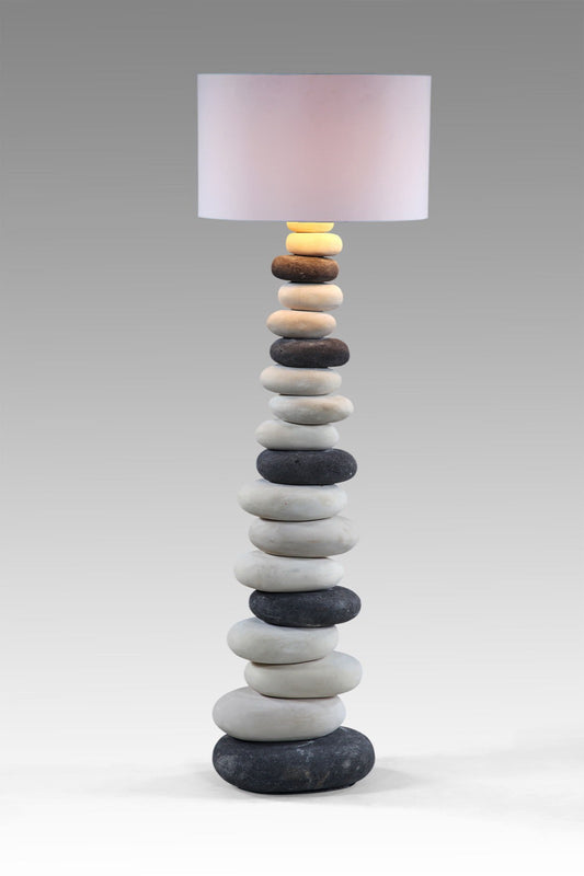 Boho stone floor lamp Stone White Shade, crafted by hand in Bali