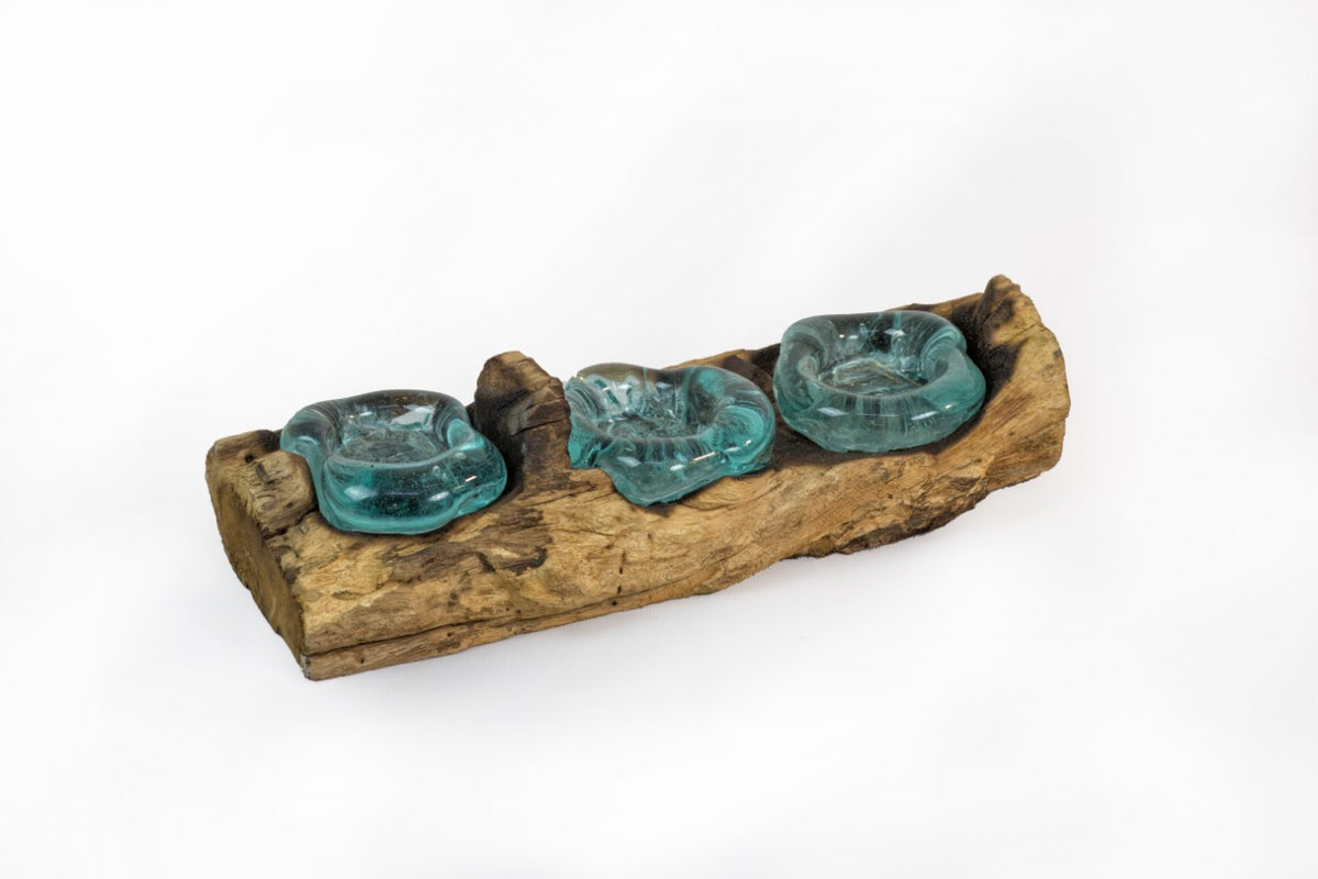 Reclaimed wood candle Melting Glass – boho decor, handwoven and handmade in Bali
