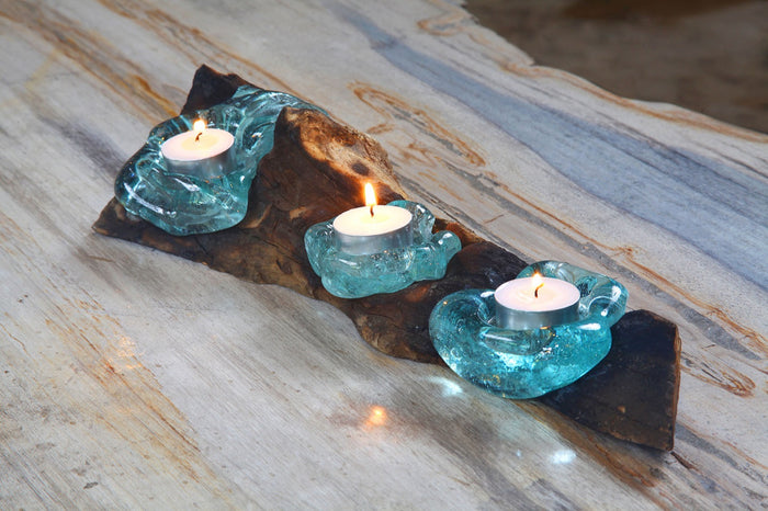 Handmade reclaimed wood candle – the Melting Glass, boho decor made in Bali