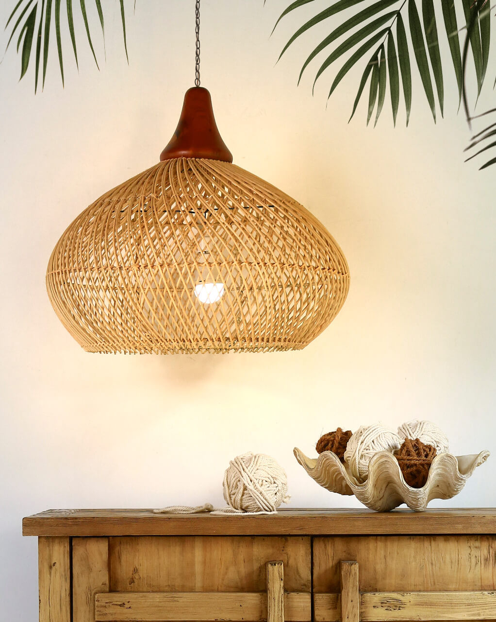 Orion Round Hanging Lamp With Teak On Top And Without Electric Cable