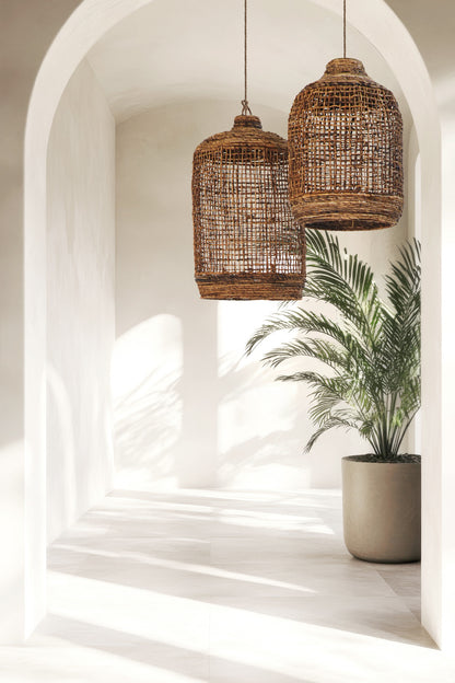 Handmade water hyacinth pendant lamp – the Barack, boho decor made in Bali