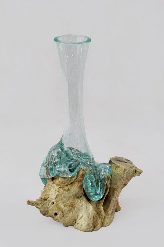 Boho solid teak and glass Melting Vase, handcrafted in Bali for the home