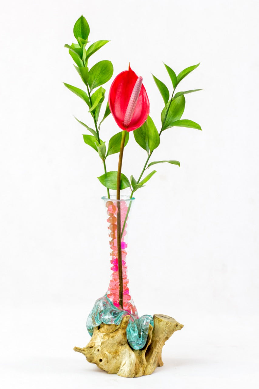 Teak vase Melting Glass – boho decor, handwoven and handmade in Bali