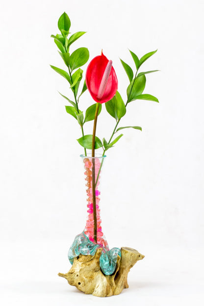 Teak vase Melting Glass – boho decor, handwoven and handmade in Bali