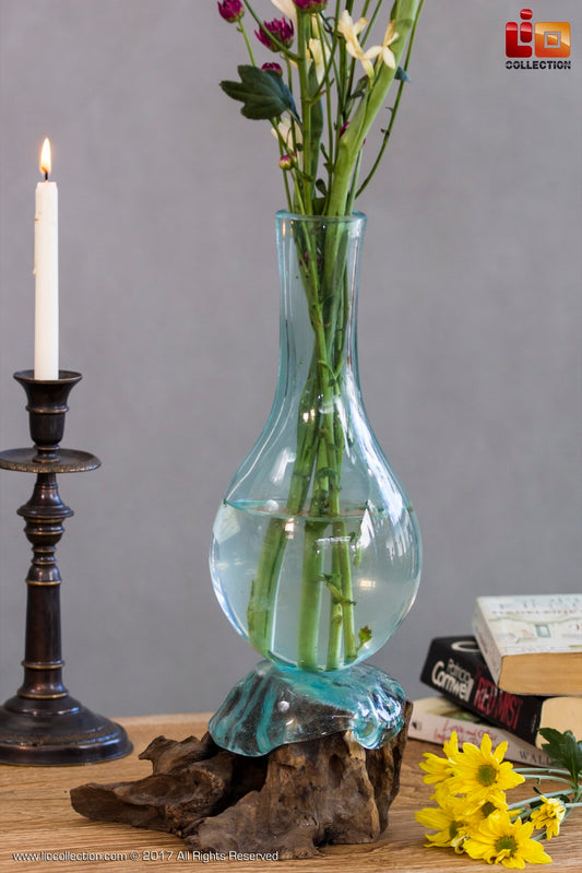 Boho solid teak and glass vase Water Drop, crafted by hand in Bali